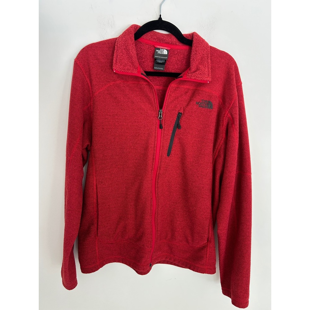 The North Face Mens Red Waffle Knit Full Zip Fleece Jacket Mock Neck Medium